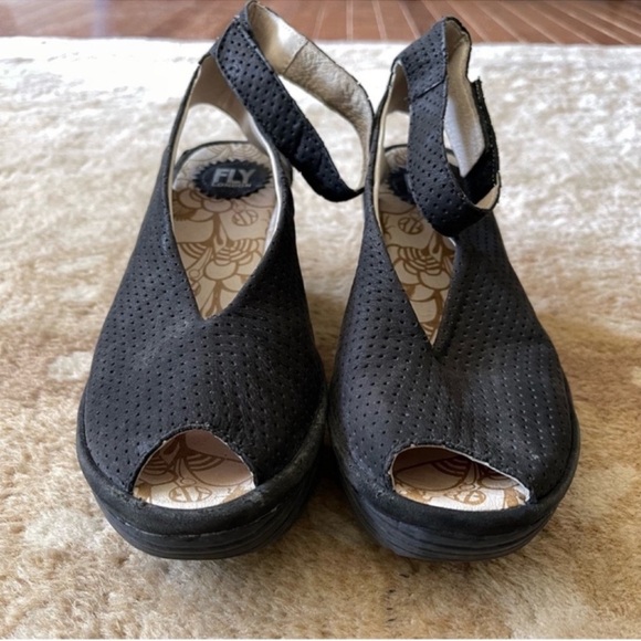 Fly London Yala Platform Wedge Ankle Strap Leather Sandal Black Perf Nubuck 40 - Picture 5 of 15